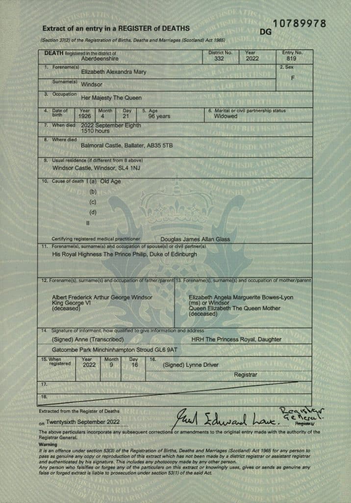 Certificado de defunción Isabel II. Foto: Registro Nacional de Escocia