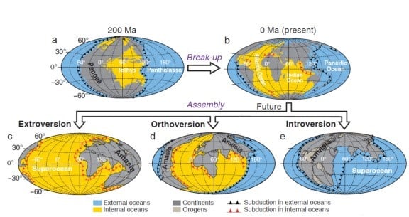Gráficos que muestran tres formas posibles de ensamblar el futuro megacontinente Amasia, de la ruptura de Pangea. Foto: Curtin University