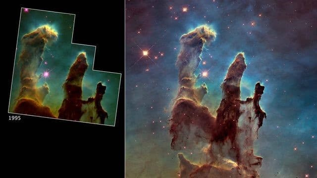 La imagen de la izquierda de Los Pilares de la Creación, corresponde a la tomada en 1995, comparada con la tomada por el telescopio espacial, Hubble, en 2014. Foto: NASA