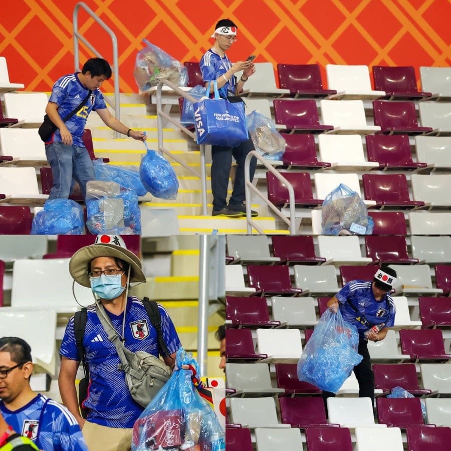 Fanáticos japoneses toman bolsas y recolectan todos los residuos de su sector del estadio.