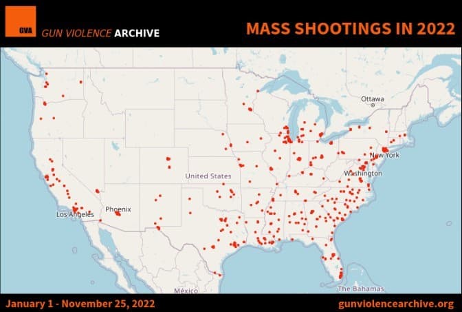 Un mapa que muestra la ubicación de los tiroteos masivos en Estados Unidos, registrados durante 2022. Foto: GVA