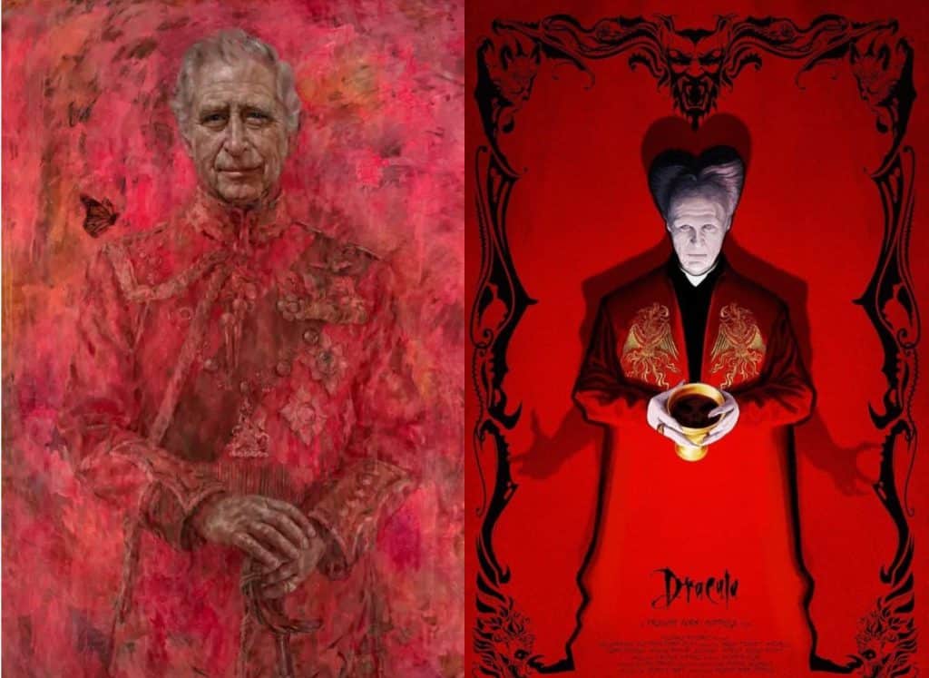 Comparativa del retrato del Rey Carlos III junto al poster promocional de la película “Drácula” protagonizada por el actor Gary Oldman.