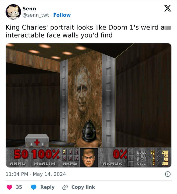 "El retrato del rey Carlos se parece a las extrañas paredes faciales interactivas de Doom 1 que encontrarías", reza una publicación en X, que compara la pintura con una versión alterada de una localización del videojuego "Doom".
