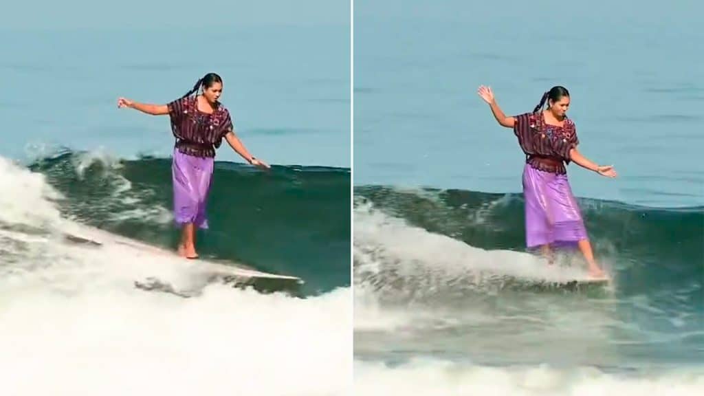 La surfista mexicana Patty Ornelas ha generado un gran impacto en las redes sociales al surfear llevando puesto un huipil.