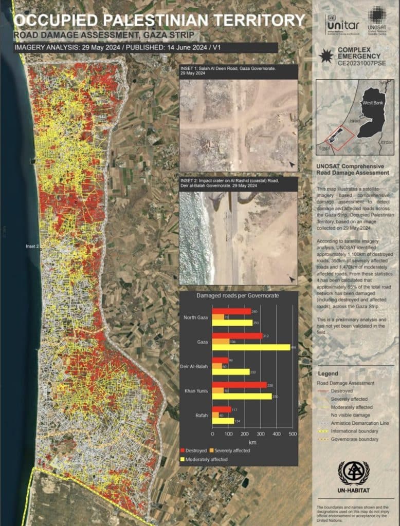 En mayo de 2024, UNOSAT identificó aproximadamente 1,100 km de caminos destruidos, 350 km severamente dañados y 1,470 km moderadamente afectados, además de señalar que el 65% de los edificios presenta daños significativos.