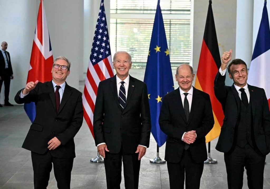 El primer ministro británico, Keir Starmer, el presidente estadounidense, Joe Biden, el canciller alemán, Olaf Scholz, y el presidente francés, Emmanuel Macron.