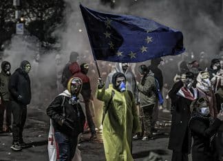 Manifestantes en Georgia atacan a la Policía Agentes encargados de la seguridad pública en Georgia son quemados por bombas molotov lanzadas por manifestantes.