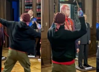 Activista pro palestino destruye estatua de Netanyahu en México Estatua de Netanyahu en la Sala de Líderes Mundiales del Museo de Cera en México, es destruida por activista pro palestino.