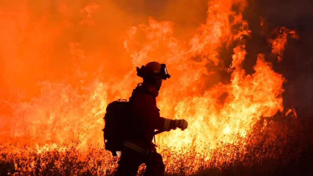 Bomberos combaten el incendio Hughes en Los Ángeles.