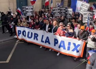 Miles protestan en París contra el apoyo de Macron a Ucrania Manifestantes rasgan la bandera de la UE durante protesta en París contra el apoyo a Ucrania.