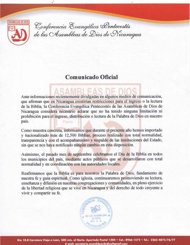 La Asociación Iglesia de Dios en Nicaragua aclaró que no existe decreto alguno que prohíba la lectura o circulación de la Biblia.