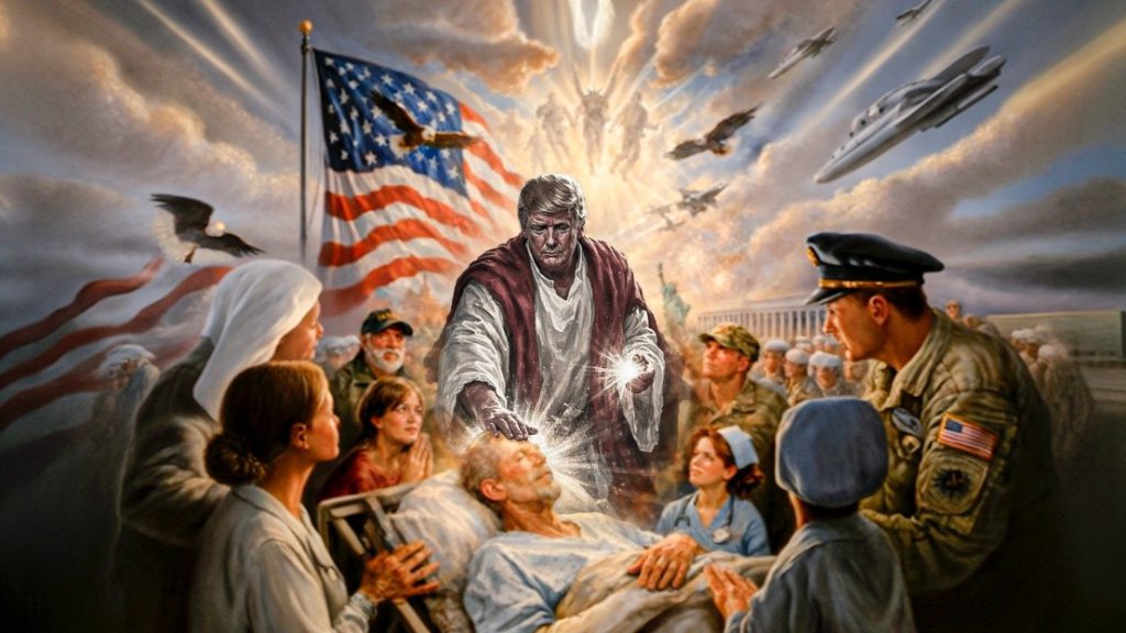 La ilustración creada con IA lo presenta con rasgos mesiánicos junto a símbolos de EE. UU.