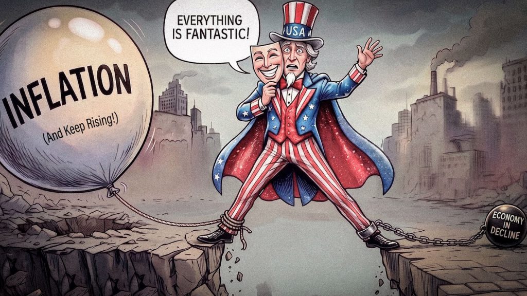 Caricatura del Tío Sam entre inflación creciente y una economía en declive, en referencia a la deuda de Estados Unidos.