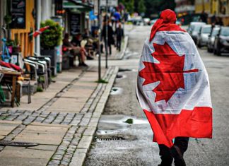 Proponen eliminar nombre de Trump de una avenida en Canadá Ciudadano canadiense camina por una calle de Ottawa con una bandera de Canadá.