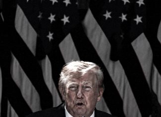 Donald Trump a Canadá: No tienen nada que nosotros necesitemos Presidente de Estados Unidos habla frente a banderas estadounidenses.