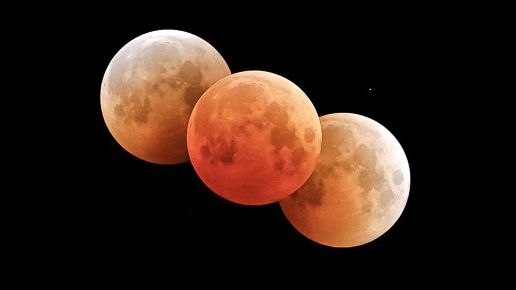Distintas fases de un eclipse lunar con la Luna en tonos rojizos y anaranjados sobre un fondo negro.