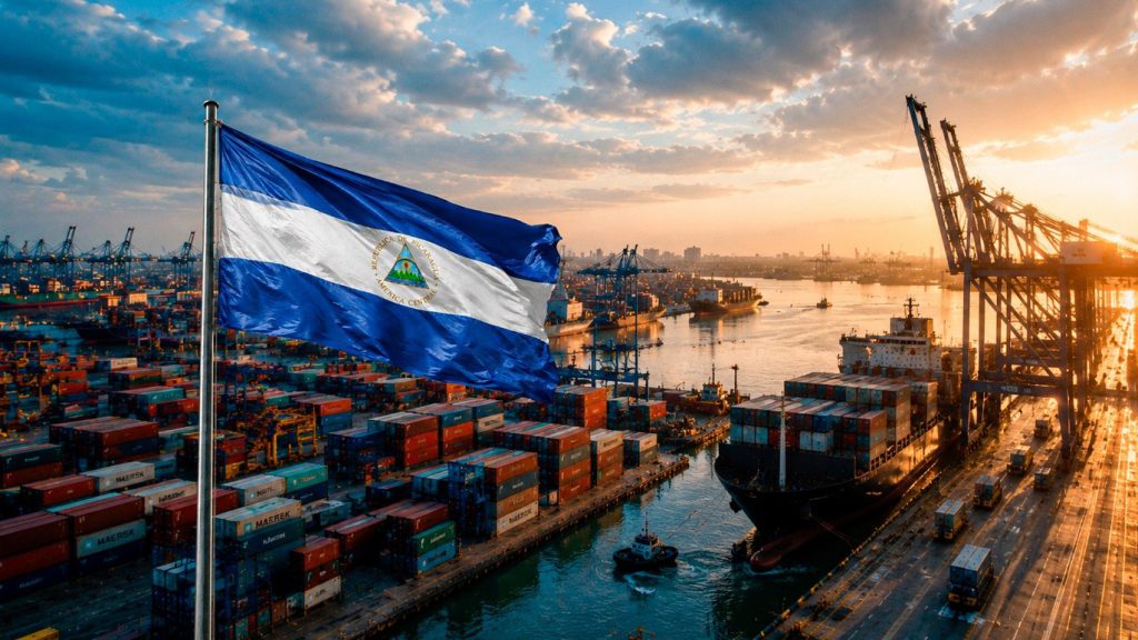 Bandera de Nicaragua frente a puerto de carga y contenedores