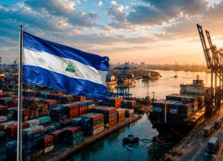 Nicaragua lidera crecimiento económico en Centroamérica Bandera de Nicaragua frente a puerto de carga y contenedores