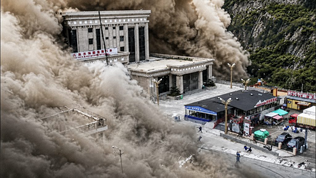 Nube de polvo cubre una zona urbana tras un repentino deslizamiento en la frontera entre Nepal y China.