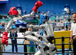 China acelera el futuro: más de 2.000 robots humanoides compiten en Beijing Dos robots humanoides compiten en un combate de boxeo robótico en Beijing.