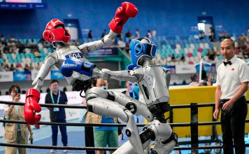 China acelera el futuro: más de 2.000 robots humanoides compiten en Beijing Dos robots humanoides compiten en un combate de boxeo robótico en Beijing.