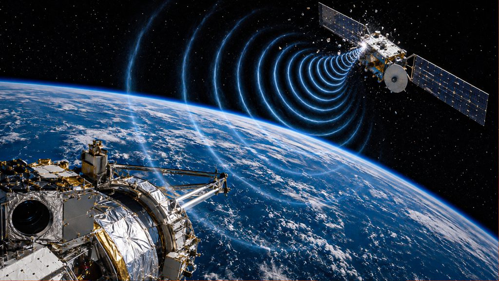 Simulación del sistema Volná interfiriendo con satélites Starlink en órbita terrestre.