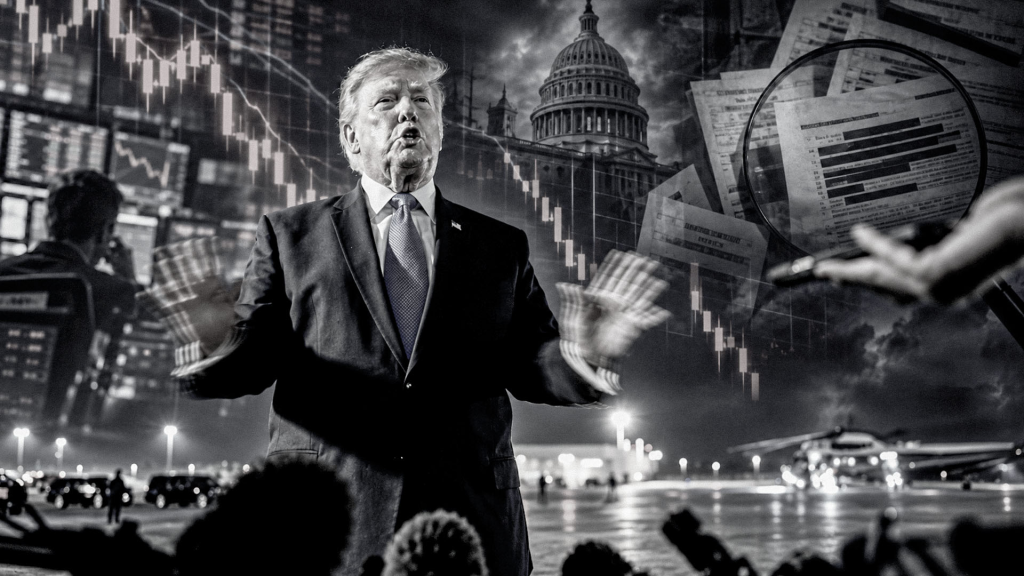 Donald Trump comparece ante la prensa. La imagen compuesta refleja gráficas bursátiles y el Capitolio de fondo 