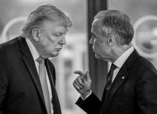 Canadá responde a Donald Trump con aranceles de hasta 50 % Dos líderes políticos durante un encuentro en medio de tensiones comerciales.