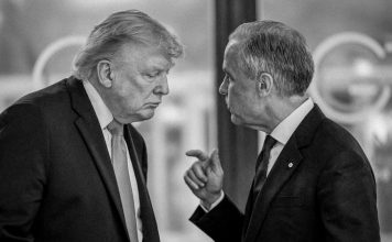 Canadá responde a Donald Trump con aranceles de hasta 50 % Dos líderes políticos durante un encuentro en medio de tensiones comerciales.