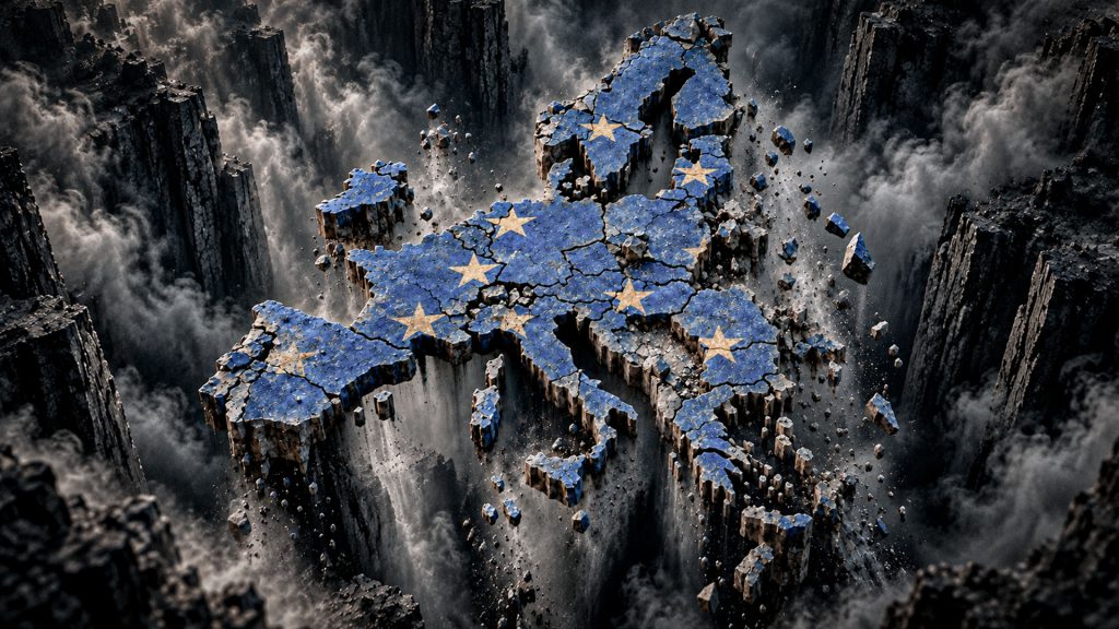 Ilustración de un mapa de Europa fragmentado sobre un paisaje rocoso.