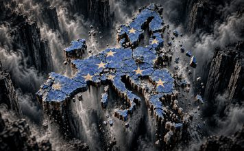 Europa no encuentra su espacio en un mundo multipolar Ilustración de un mapa de Europa fragmentado sobre un paisaje rocoso.