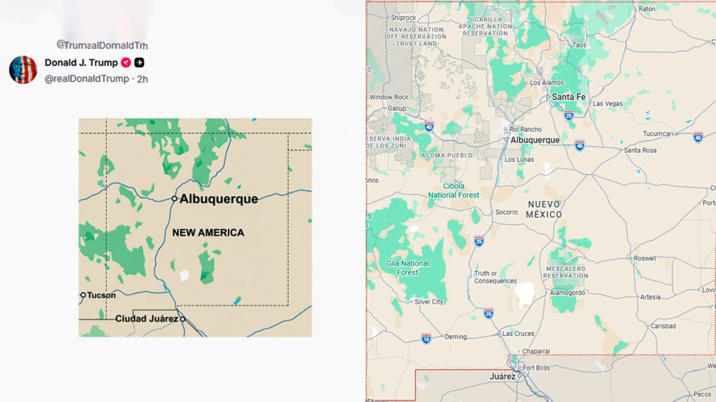 Mapa de Nuevo México junto a la propuesta de Donald Trump de cambiar su nombre a “Nueva América”.