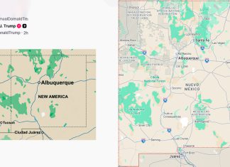 Donald Trump quiere cambiar Nuevo México por “Nueva América” Mapa de Nuevo México junto a la propuesta de Donald Trump de cambiar su nombre a “Nueva América”.