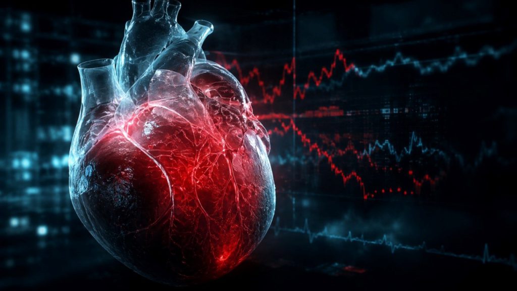 Imagen ilustrativa de un corazón humano y gráficos de actividad cardíaca relacionados con la inteligencia artificial aplicada a la detección de enfermedades cardíacas.