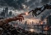 Exinvestigador de Anthropic advierte que la IA podría “matarnos a todos” Imagen generada con IA de una mano humana frente a una mano robótica en una ciudad destruida.