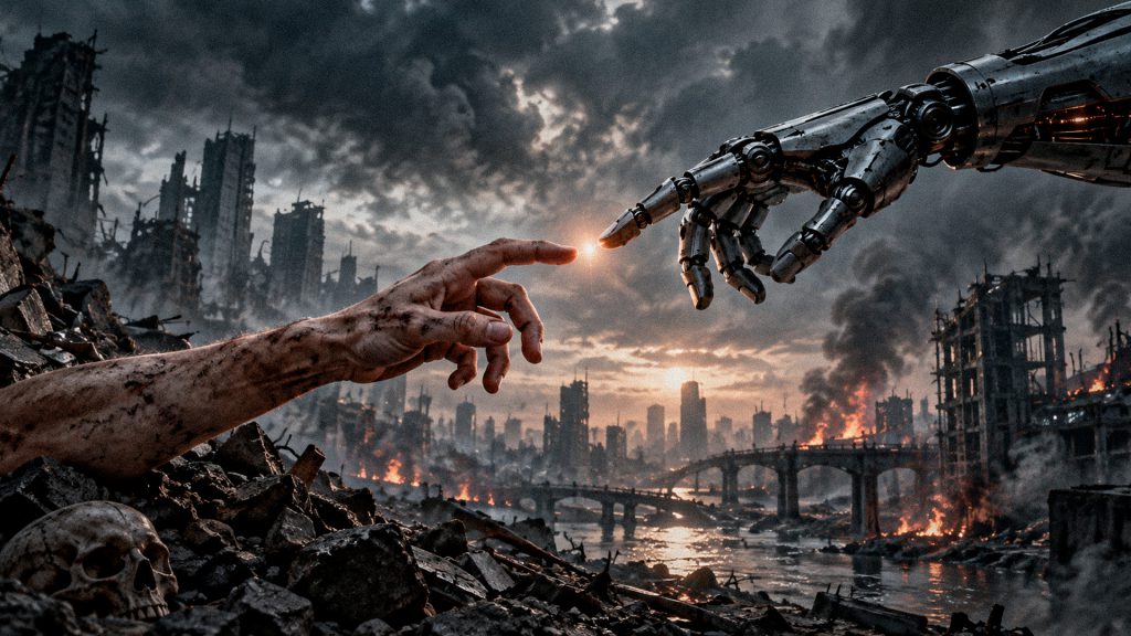 Imagen generada con IA de una mano humana frente a una mano robótica en una ciudad destruida.
