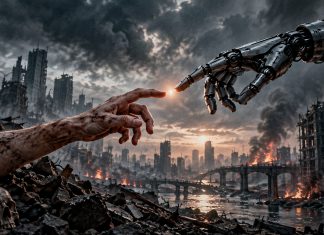 Exinvestigador de Anthropic advierte que la IA podría “matarnos a todos” Imagen generada con IA de una mano humana frente a una mano robótica en una ciudad destruida.