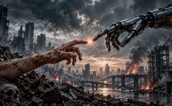 Exinvestigador de Anthropic advierte que la IA podría “matarnos a todos” Imagen generada con IA de una mano humana frente a una mano robótica en una ciudad destruida.