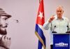 Miguel Díaz-Canel: Cuba jamás volverá a ser colonia de ningún imperio Presidente cubano durante un discurso frente a la bandera de Cuba.