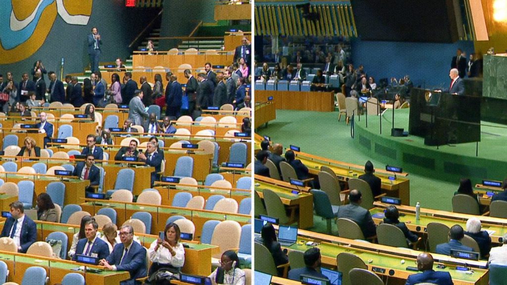 Vista del recinto de la Asamblea General de la ONU durante la salida de representantes previo al discurso de Benjamín Netanyahu