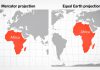Aprueban nuevo mapa mundial que representa el tamaño real de África Comparación de las proyecciones Mercator y Equal Earth que muestra las diferencias en la representación del tamaño de África.