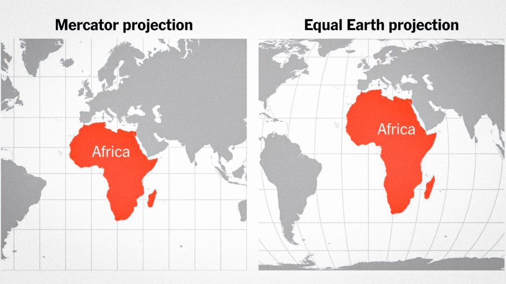 Comparación de las proyecciones Mercator y Equal Earth que muestra las diferencias en la representación del tamaño de África.