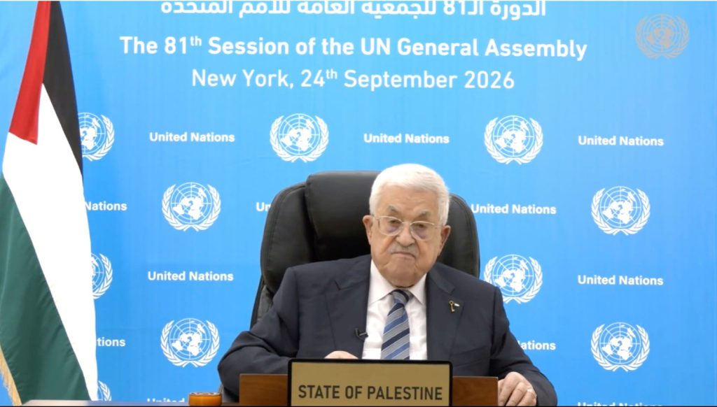 Mahmoud Abbas durante su discurso por videoconferencia ante la 81.ª Asamblea General de la ONU, en el que cuestionó el desplazamiento contra el pueblo palestino.