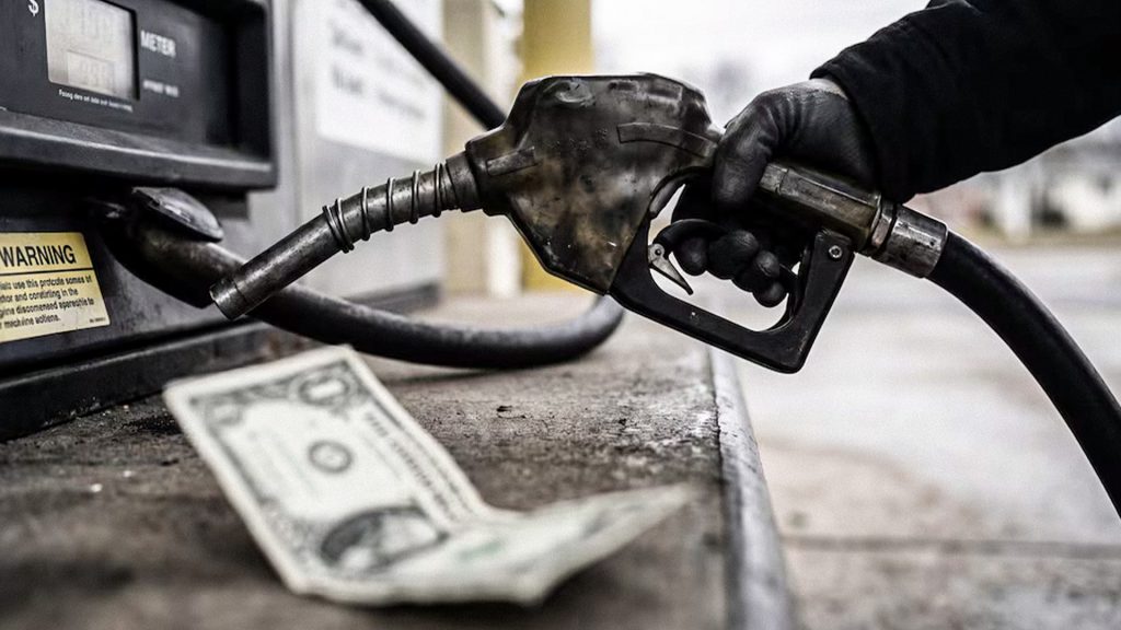 Manguera de gasolina junto a un billete de dólar que representa el costo del combustible.