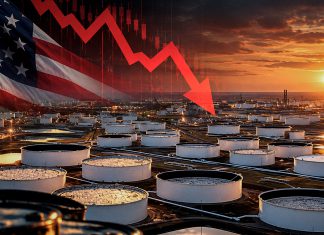 Reserva petrolera de Estados Unidos en su nivel más bajo Instalación de almacenamiento de petróleo en Estados Unidos con gráfico de caída de reservas.