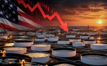 Reserva petrolera de Estados Unidos en su nivel más bajo Instalación de almacenamiento de petróleo en Estados Unidos con gráfico de caída de reservas.