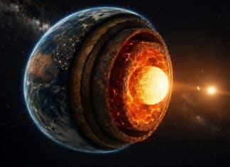 IA descubre seis estructuras ocultas en la Tierra Ilustración de la Tierra en corte transversal mostrando sus capas internas y el núcleo