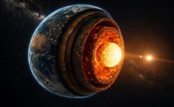 IA descubre seis estructuras ocultas en la Tierra Ilustración de la Tierra en corte transversal mostrando sus capas internas y el núcleo