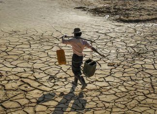 ONU lanza una alerta climática mundial por altos riesgos de El Niño extremo Hombre busca agua mientras camina sobre suelo agrietado por la sequía.