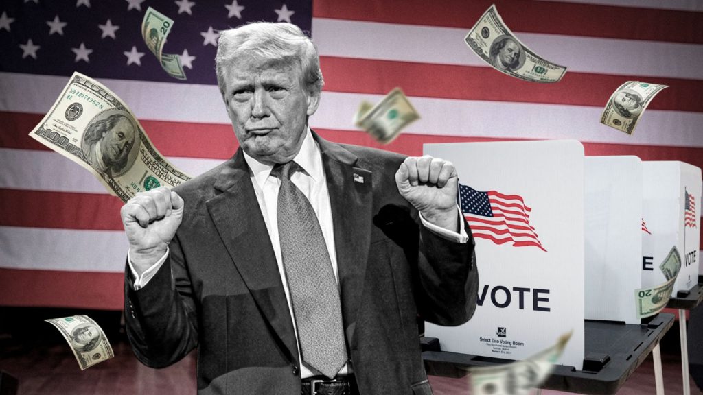 Montaje político con un mandatario estadounidense, billetes de dólares y urnas electorales.